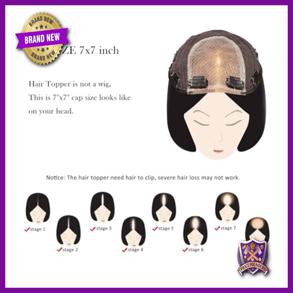 7x7 Human Hair Topper with Lace Front, 8 Clips for Thinning Hair main image 5